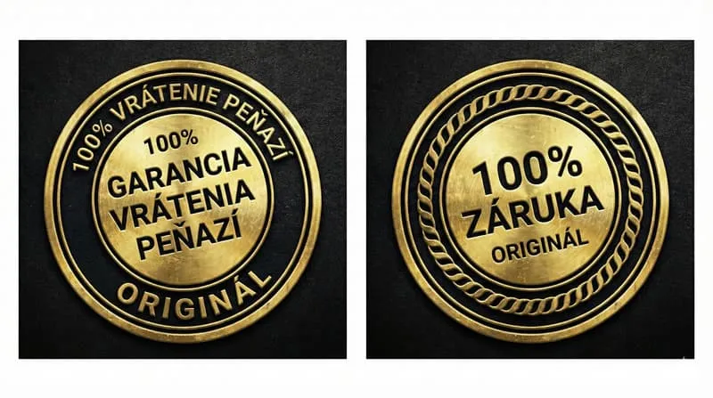 Pečiatky „Overený nákup“ a „100% záruka vrátenia peňazí“, ktoré sú len grafika bez reálneho významu